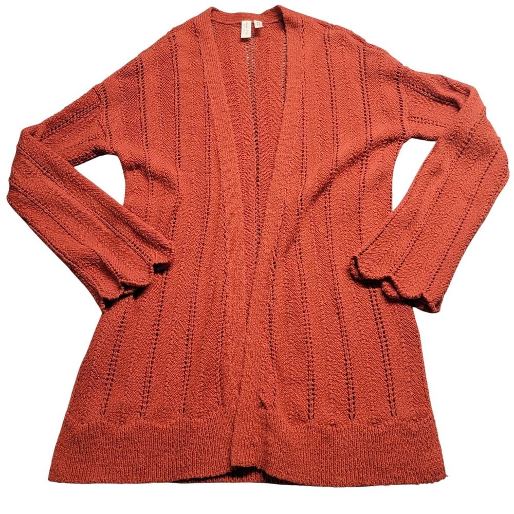 Meadow Rue Anthropologie Rust Orange Pointelle Knit Open Front Cardigan Medium